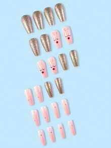 24 件圣诞驯鹿和雪花设计按压式指甲贴纸（带胶水）、可重复使用的假指甲套装（带指甲锉和凝胶，适合女士和女孩）、CYS414 驯鹿 - 彩色 - 查看 2