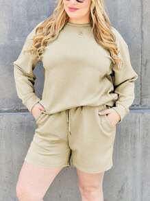 Women's Casual Two-Piece Set Textured Solid Color Two-Piece Short Set With Pocket Brown Long Sleeve Pullover Relaxed Fit Drawstring Waist Shorts With Pocket Crew Neck Hip-Length Solid Color Fall Comfortable Loungewear Outing