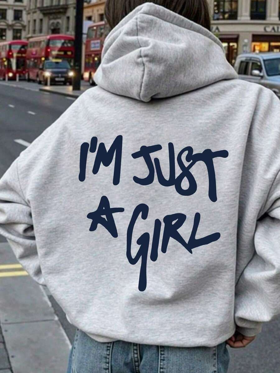 女士落肩标语印花连帽衫、长袖上衣