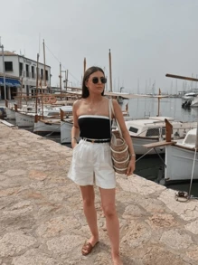 Women's Off Shoulder Blouse TOP TUBE GRINGA Ribbed Tailored Strapless Straight Solid Knitted Essential Basic Casual - 雙色黑 - 查看 4