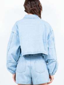 Women's Casual Denim Jacket Basic Drawstring Waist Crop Denim Top Relaxed Fit Light Blue Long Sleeves Zip Up Closure Solid Color Perfect For Spring/Summer/Fall Any Occasion
