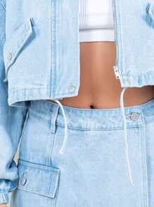 Women's Casual Denim Jacket Basic Drawstring Waist Crop Denim Top Relaxed Fit Light Blue Long Sleeves Zip Up Closure Solid Color Perfect For Spring/Summer/Fall Any Occasion