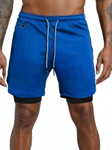 Quần short chạy bộ tập luyện 2 trong 1 kiểu bạn trai cho nam, nhanh khô, nhẹ, có túi - Xanh đậm - Xem 2