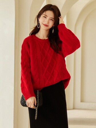 VICTORIA&VERA Autumn/Winter New Style Christmas & New Year Red Retro Cable Knit Wool Blend Round Neck Women Sweater