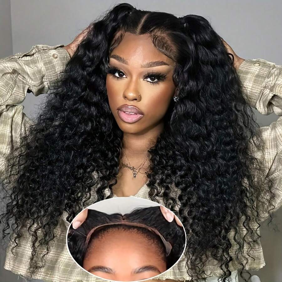 Jerry Curly Human Hair Wigs Glueless Pre Cut Lace Human Hair Wigs 13x4 HD Lace Frontal Wigs 100% Real Glueless Wigs Friendly For Beginners Pre Cut Deep Wave Lace Front Wigs 250% Density No Glue Wigs - 黑色 - 查看 1
