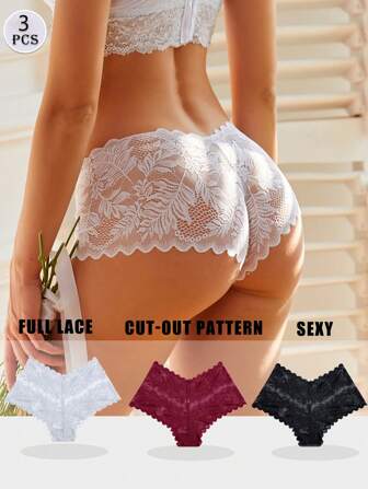3 件/性感纯色低腰全蕾丝女式平角裤