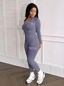 LovelyWholesale Women'S Sports Hooded Long Sleeved Letter Printed Zipper Jacket And Tight Pants Set For Spring And Autumn