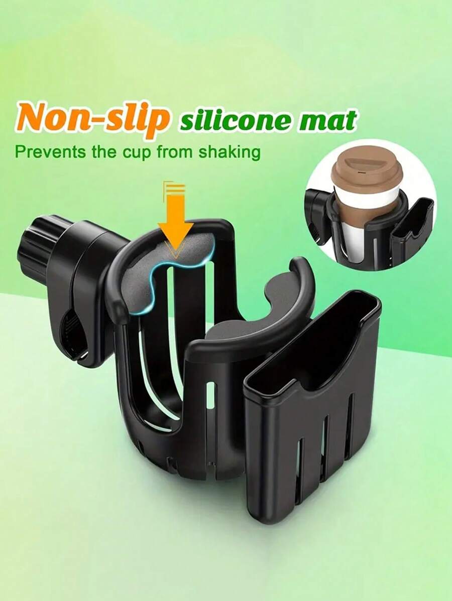 1pc 2-In-1 Baby Stroller Cup Holder With Phone Bracket, Fits Universal Strollers And Water Bottles - Black - View 1