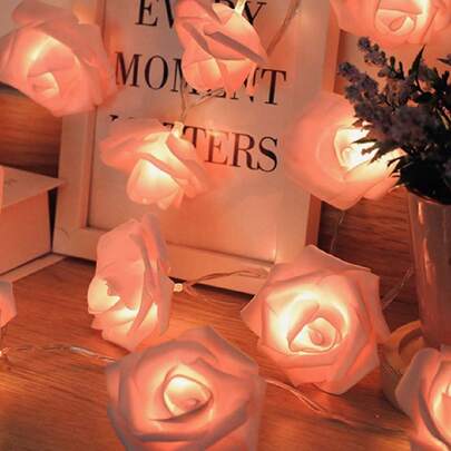 1.5米/3米/6米圣诞节感恩节LED人造玫瑰花串灯，适用于婚礼浪漫求婚装饰、生日派对氛围装饰，常亮/闪烁模式，电池供电（不含电池）