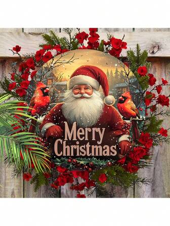 Kindly Santa Claus Classic Cardinal Wooden Sign Outdoor Christmas Decorative Hanging Ornaments, Wreath Sign For Front Door Wall Hanging Decor