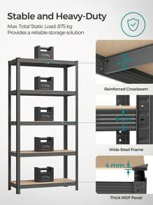 SONGMICS 5-Tier Shelving Unit, Steel Shelving Unit For Storage, Tool-Free Assembly, For Garage, Shed, Load Capacity 875 Kg, 40 X 90 X 180 Cm, Grey - Grey - View 3