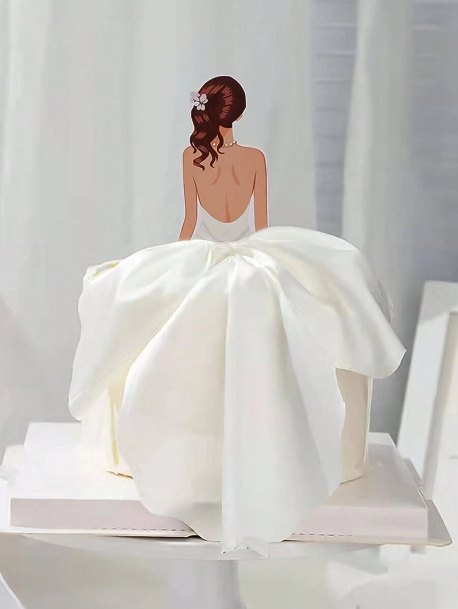 1pc Paper Cake Topper, Creative Figure Design Cake Top Decoration For Wedding Party, Back View Soft Tulle Skirt Printed Paper Cake Topper For Wedding And Mother's Day Cakes - Multicolor - View 1