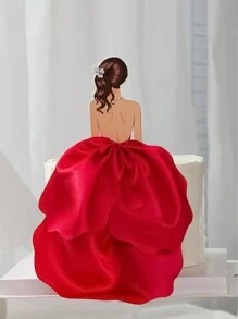 1pc Paper Cake Topper, Creative Figure Design Cake Top Decoration For Wedding Party, Back View Soft Tulle Skirt Printed Paper Cake Topper For Wedding And Mother's Day Cakes - Multicolor - View 3