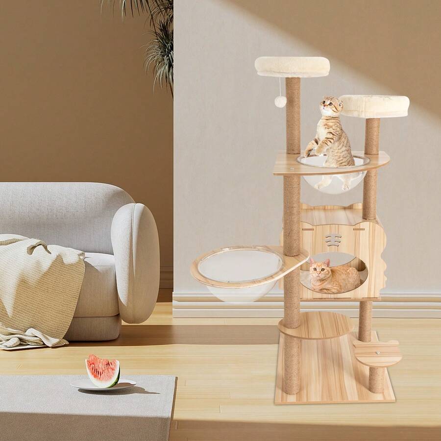 54 Inch Cat Tree Tower Activity Center Large Playing House Condo For Rest, Sleep - Brown and White - View 1