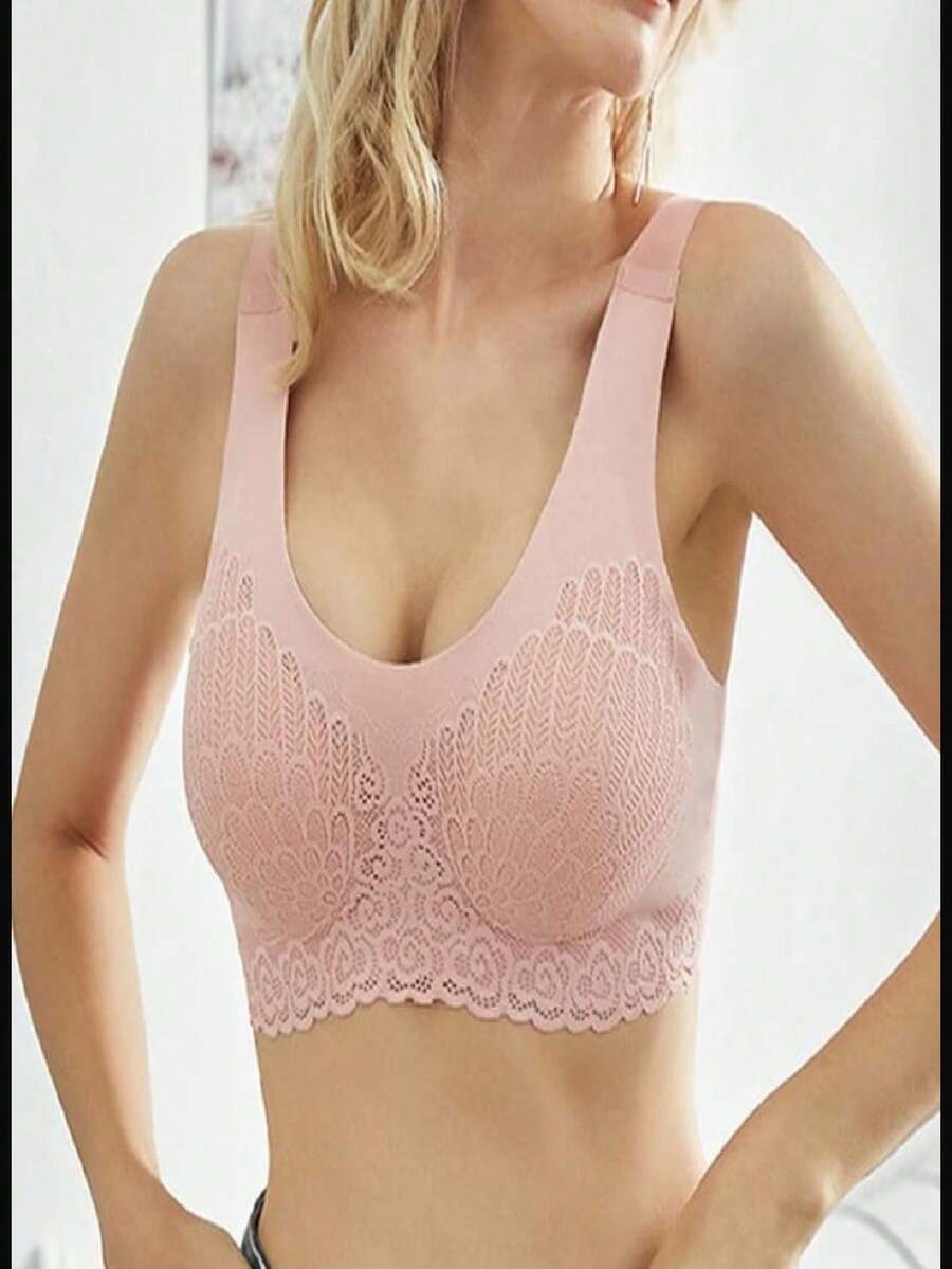 5D Seamless Bra Removable Cup Reinforced Lace Cold Mesh Top High Elasticity - Màu hồng gỉ - Xem 1