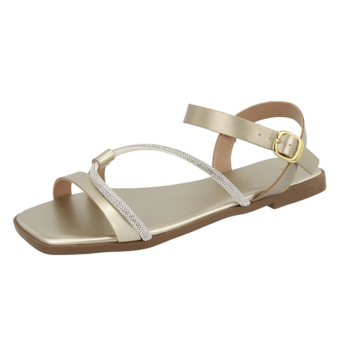 Women's Flat Sandal With Rhinestone Strap Detail, Buttons, Adjustable Buckle, Comfort - Vàng - Xem 1
