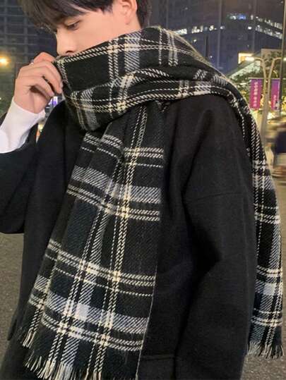 1pc Boyfriend Gift Unisex Classic Checked Scarf, Winter Birthday Present, Pure Wool Men Scarf, High-End Double-Sided Korean-Style Sweet And Fashionable Faux Cashmere Colorful Scarf Thickening, Women Men Accessories Men Scarves