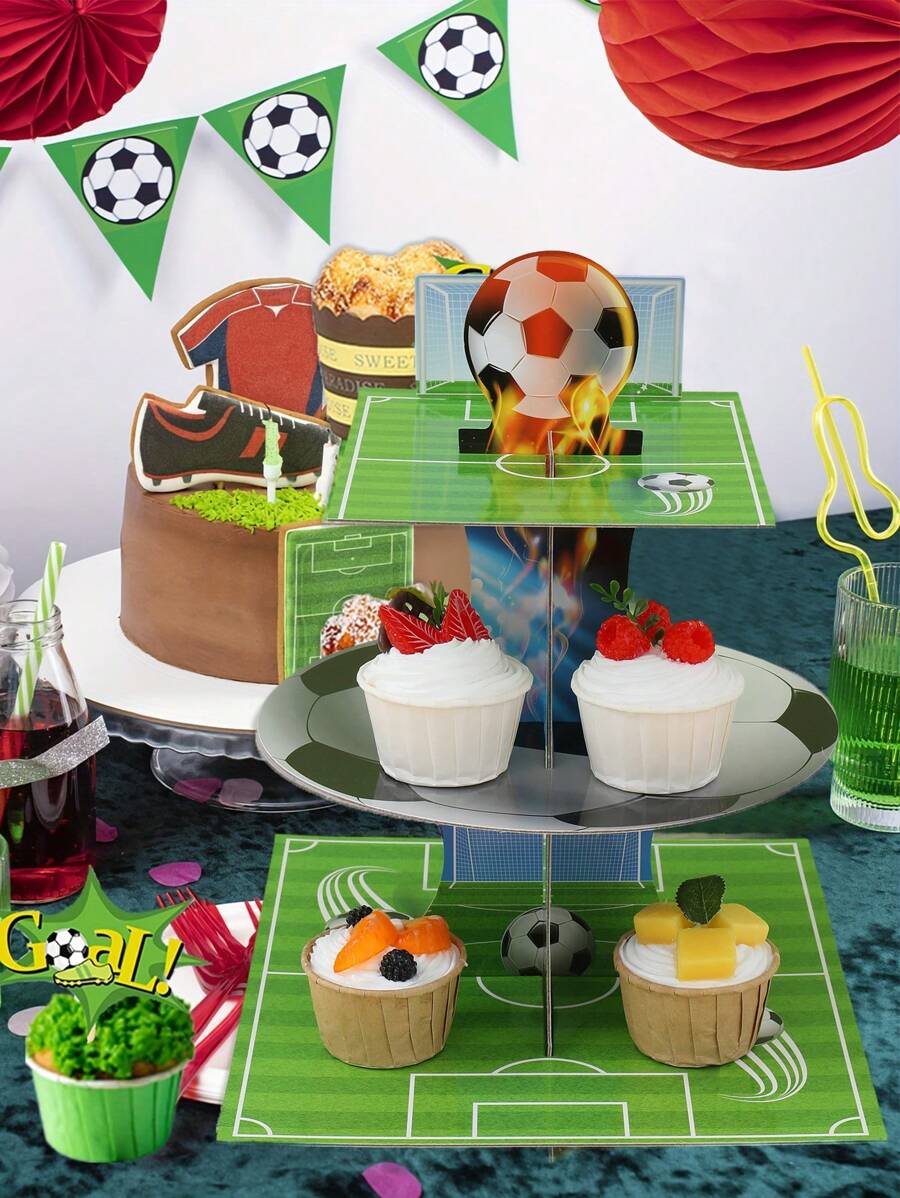 一套足球主题蛋糕架，多层蛋糕托盘，6个蛋糕装饰边框和6个蛋糕插牌，纸杯蛋糕架，足球派对蛋糕装饰，生日节日活动派对装饰，DIY蛋糕装饰用品，派对蛋糕装饰签，甜点蛋糕边框，纸杯蛋糕衬垫，食品托盘，食品包装纸，家居装饰，生日装饰，派对礼品，足球比赛庆祝活动 - 足球 - 查看 1