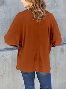 Women's Casual Tee Solid Color Top Green Cotton Blend, Long Sleeve Pullover Relaxed Fit Crew Neck Hip Length Solid Color Pattern Fall/Winter Soft Texture Everyday Wear - bí ngô - Xem 4