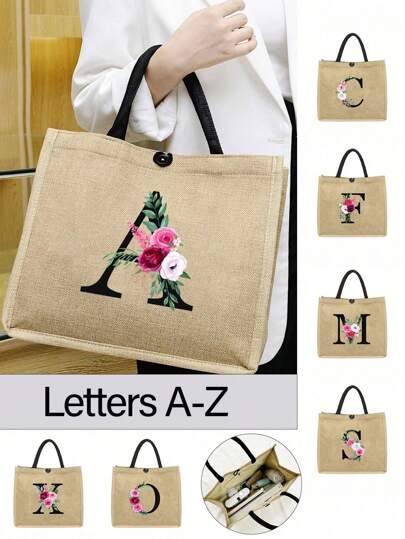 黄色亚麻布魔术贴三色粉色花卉字母手提包，个性化礼品袋，适合婚礼、生日、海滩、节日等场合，是送给女性、母亲、教师、朋友、伴娘、学生和返校季的理想礼物。