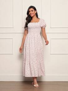 Long Dress With Puffed Sleeves Elastex Print - White - View 1
