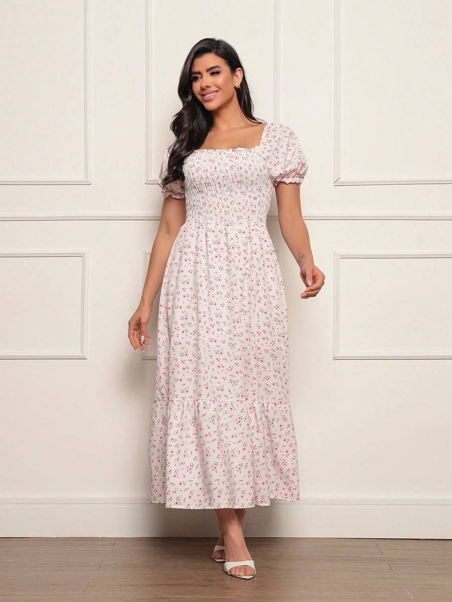 Long Dress With Puffed Sleeves Elastex Print - White - View 1