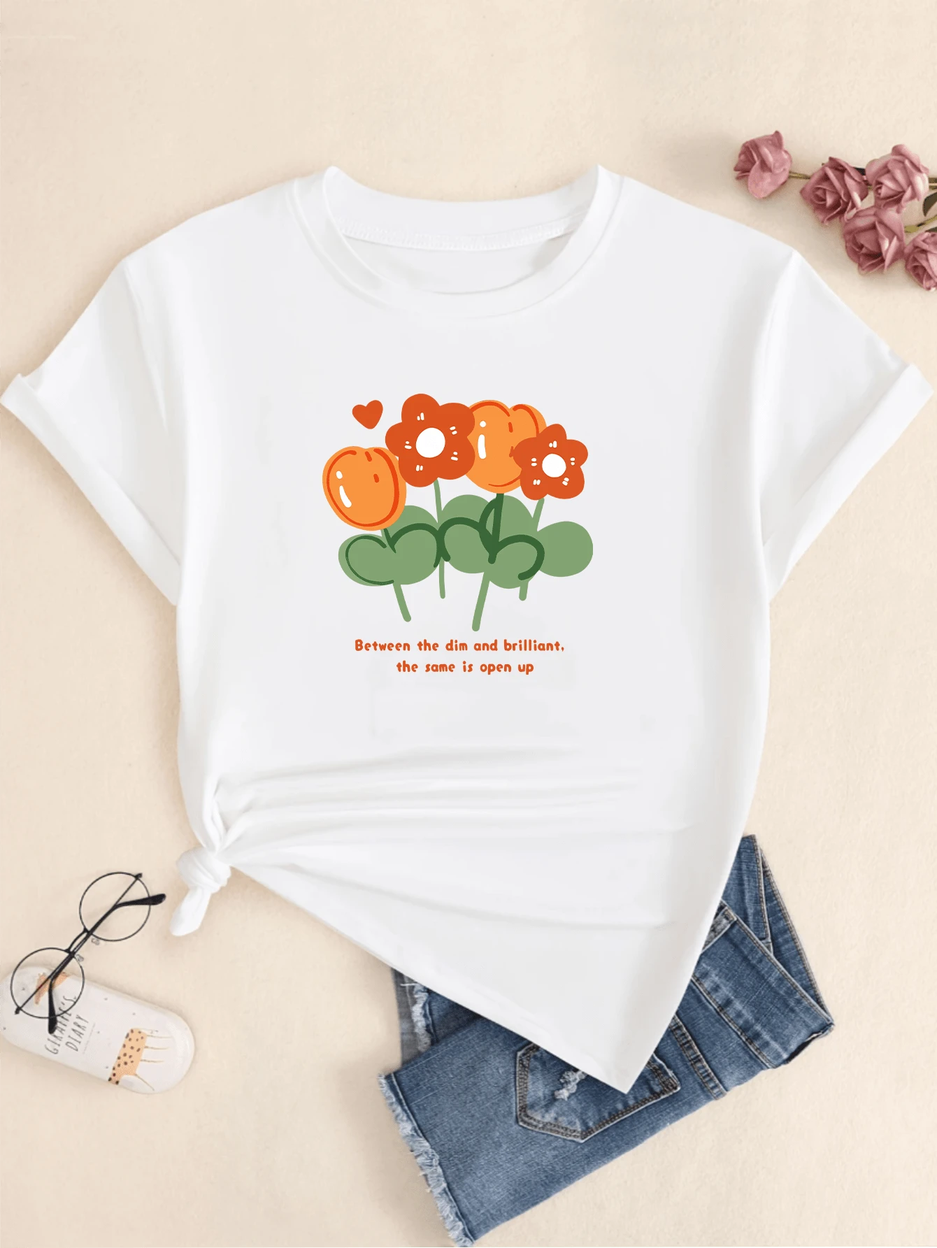 T-Shirt Flowers With Phrases Women's Blouse Print Casual Premium Comfort Streetwear - 白色 - 查看 1