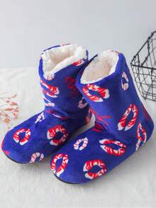 1 双新款秋冬季室内软底保暖中筒靴带印花，家居拖鞋 - 藏蓝色 - 查看 2