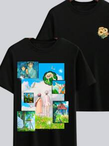 Anime T-Shirt The Wind Rises Short Sleeve Blouse Japanese Retro T-Shirt Old 1927 Love Manga Basic Shirt 100% Cotton Geek - 黑色 - 查看 2