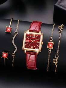 5PCS Ladies' Green PU Leather Dtrap Fashionable Casual Retro Simple Scale Square Dial Quartz Watch Bracelet Set For Daily Wear Decoration Or Gift Giving