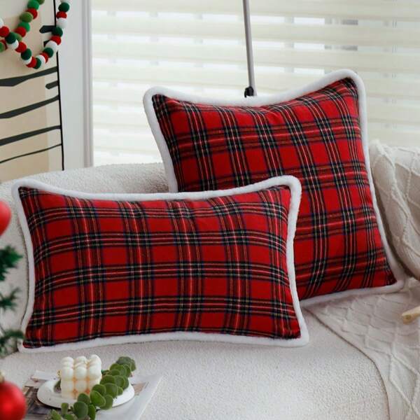 1pc Christmas Red Plaid Decorative Pillow Cover, White Plush Trimmed Pillowcase Suitable For Living Room Sofa Bedroom, Pillow Insert Not Included