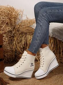 女士休闲高帮帆布坡跟运动鞋 - 米色 - 查看 3