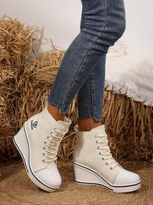 女士休闲高帮帆布坡跟运动鞋 - 米色 - 查看 4