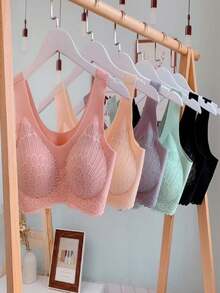 5D Seamless Bra Removable Cup Reinforced Lace Cold Mesh Top High Elasticity - Màu hồng gỉ - Xem 6