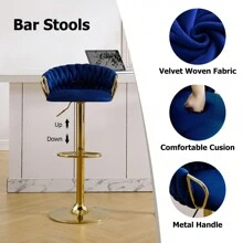 JIEMAX Set Of 2 Adjustable Bar Stools – Velvet Woven Counter Height Stools With Back & Armrest, 360° Swivel, Gold Metal Legs & Base | Ideal For Kitchen Island & Home Bar - Xanh đậm - Xem 4