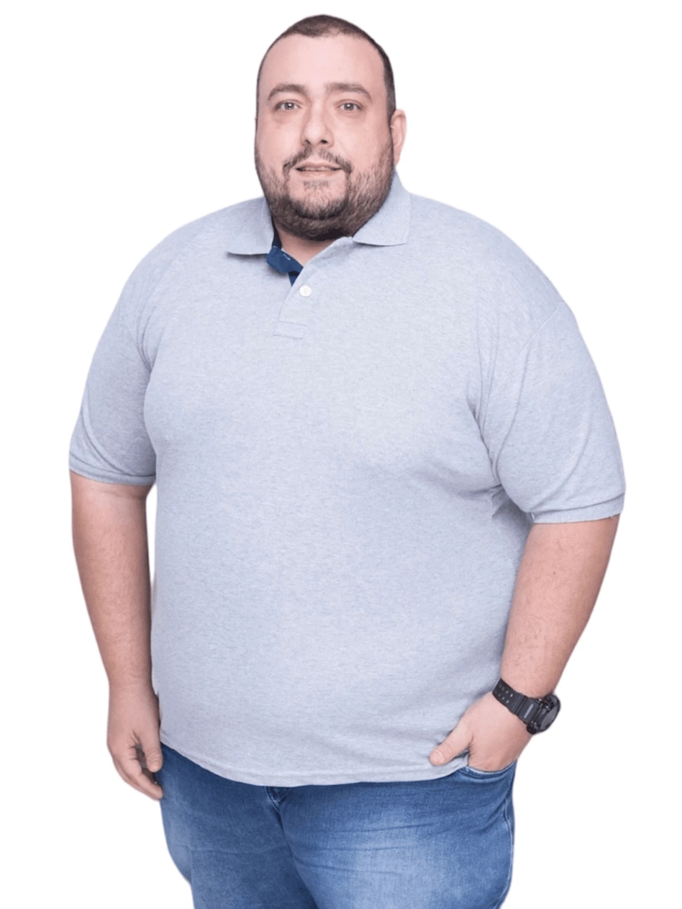 HenryShark Plus Size Polo Shirt Plain Cotton Premium Mesh All Occasions - Xám - Xem 1