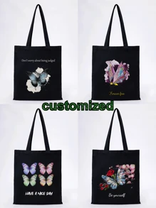 1pc Customized Tote Bag With Personalized Text, Quotes, Slogans, Teacher's Day Gift, Birthday Gift, Unique, Foldable, Large Capacity, Lightweight, Fashion, Canvas Tote Bag, Shoulder Bag, Casual, Shopping Bag