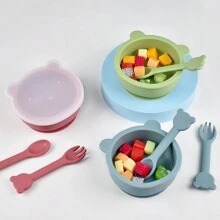 3 件套婴儿喂食碗带盖硅胶勺叉套装防滑防烫婴儿餐具 - 彩色 - 查看 3