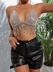 Top de tirantes sexy y corto con cristales para mujer, top halter brillante con flecos de cristal transparente para festival de música de chica ardiente del milenio y fiesta de club