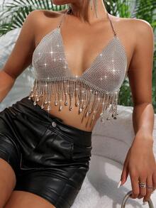 Top de tirantes sexy y corto con cristales para mujer, top halter brillante con flecos de cristal transparente para festival de música de chica ardiente del milenio y fiesta de club