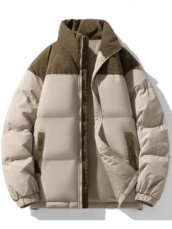 Women's Thick Coat Winter New Fashionable Casual Sports Stand Up Collar Warm Color Blocked Corduroy Couple Youth Coat Outdoor Jacket