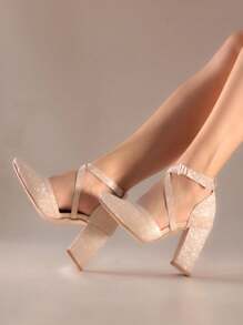 Zapatillas de tacon cuadrado y correa cruzada - Dorado - Ver 4