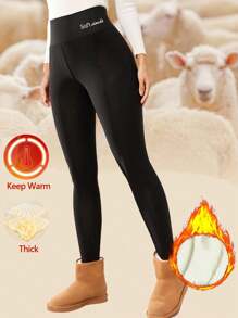 女士高腰保暖内衬打底裤，涤纶混纺针织面料，可机洗，休闲简约风格九分紧身裤，适合冬季穿着 - 黑色 - 查看 3