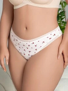 大码女式樱桃印花蕾丝边低腰可爱性感三角裤 - 白色 - 查看 3