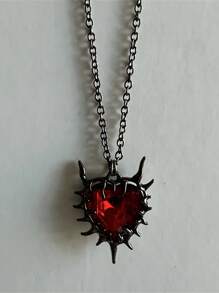 1pc Gothic Vintage Gun & Black Thorn Red Gem Heart Pendant Necklace, Suitable For Men And Women Daily, Party And Gathering Wear