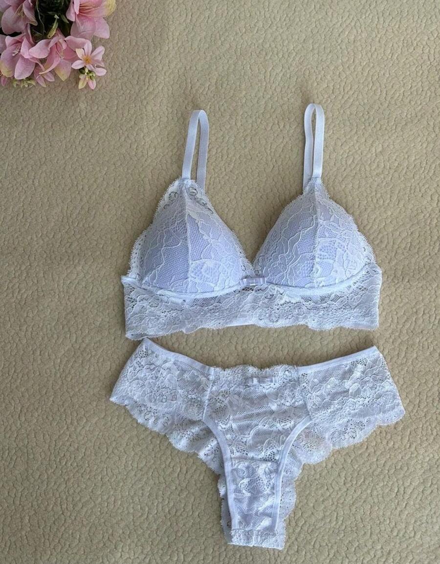Honey Lace Bra And Panty Set With Wire-Free Cup And Adjustable Straps - trắng - Xem 1