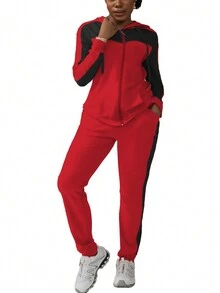 2pcs/Set Women Casual Colorblock Hooded Zip Up Sweatshirt And Pants Sportswear Set, Autumn Spring - Red - View 3