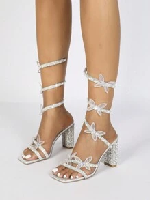 女士水钻和珍珠装饰性感方头高跟凉鞋，配蛇纹设计绑带，适合夏季派对 - 銀色 - 查看 3