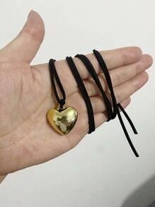 1 件装哥特式心形吊坠层蕾丝绳皮链女式黑色天鹅绒颈链打结蝴蝶结酷炫 Y2K 派对配饰 - 黑色-金色 - 查看 8