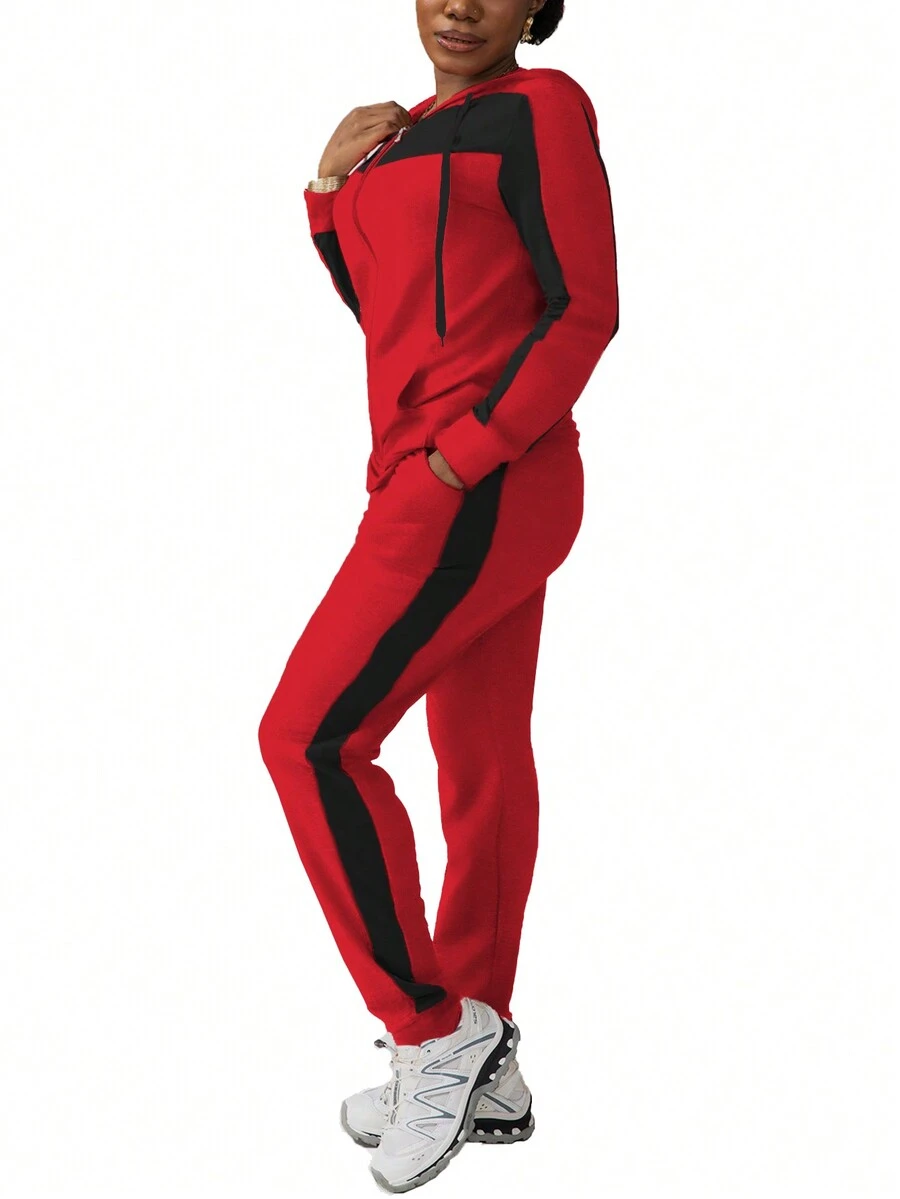 2pcs/Set Women Casual Colorblock Hooded Zip Up Sweatshirt And Pants Sportswear Set, Autumn Spring - Red - View 1